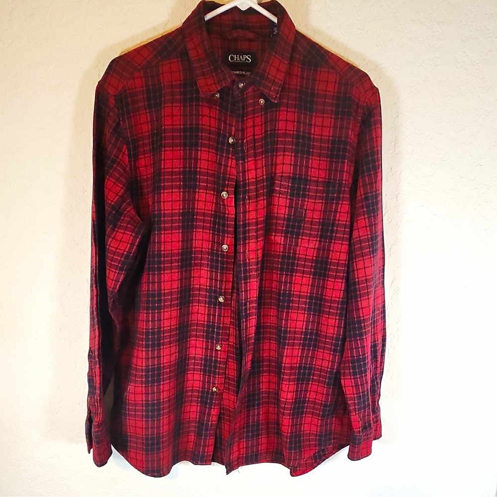 Chaps Men's Y2k M Red Black Plaid Cotton Flannel Button-Down Long Sleeve Shirt‎